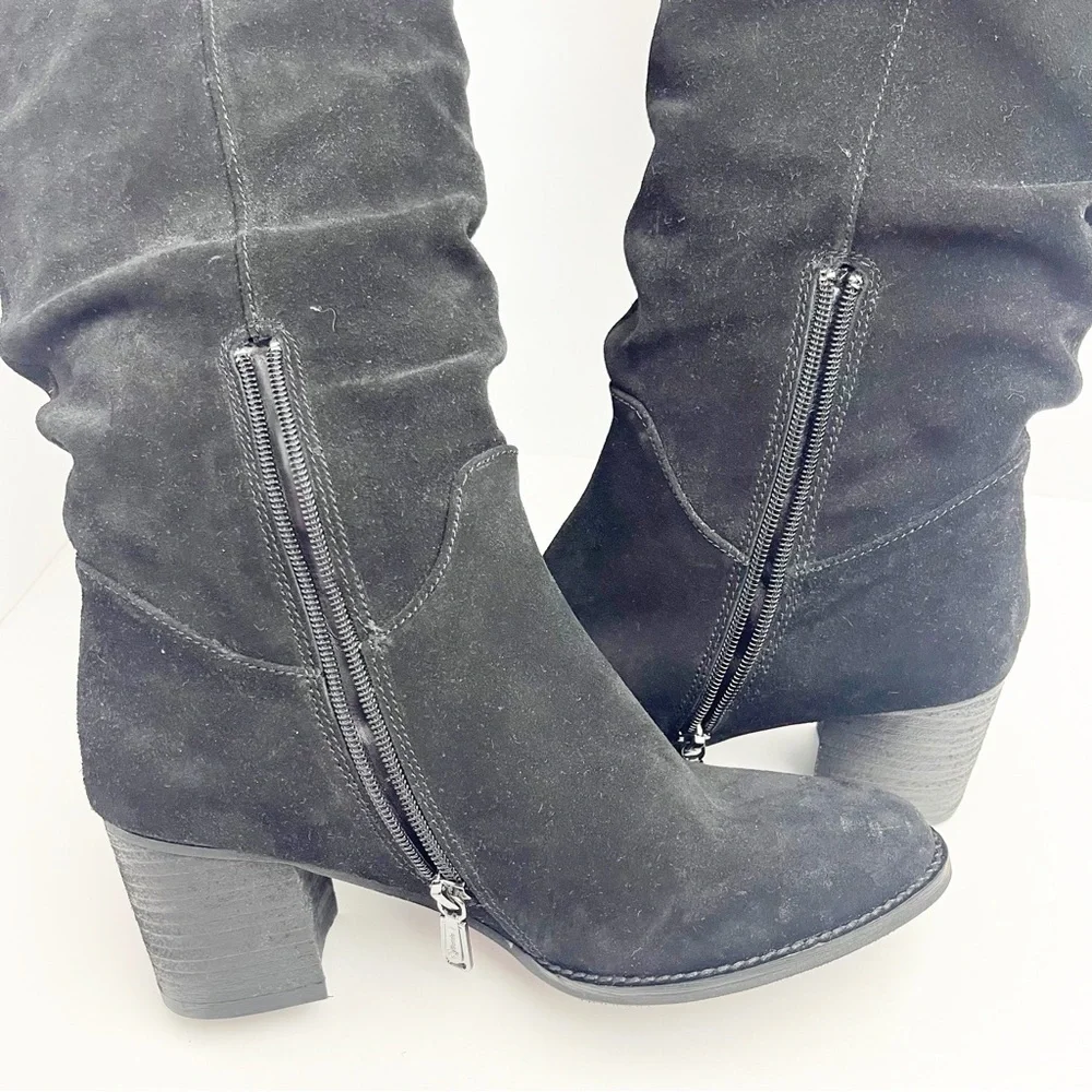 BLONDO Nada Black Leather Stacked Heel Waterproof Knee High Boots, Size 9.5
